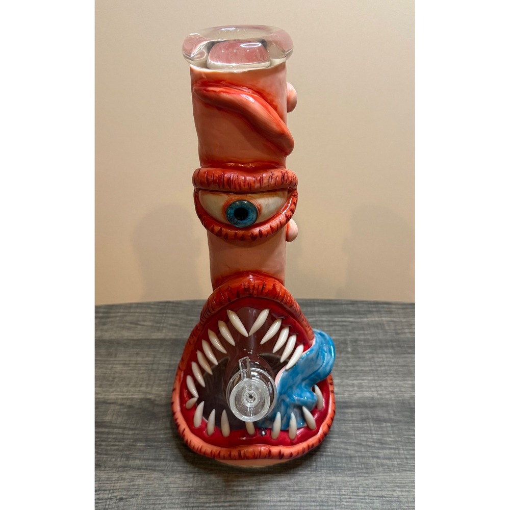 Monster Glass Water Pipe Beaker Horror Eye Teeth Handcrafted Pink Red 10 Inch - Picture 5 of 5